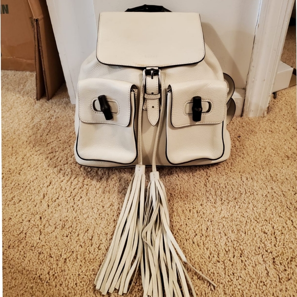 Gucci Handbags - GUCCI Off White Pebbled Leather Bamboo Backpack Bag